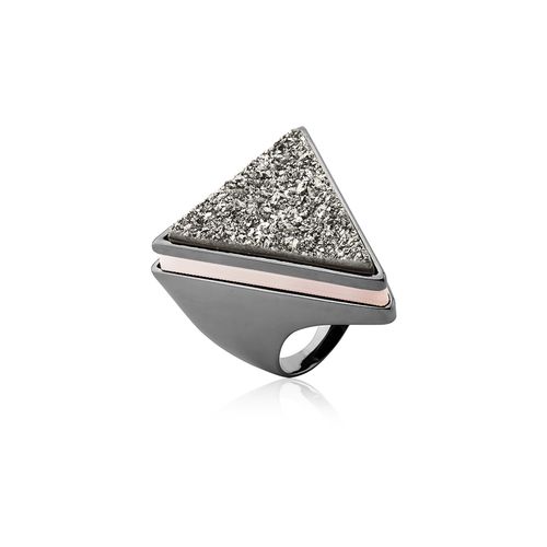 Anel Triangle - Ágata Cinza e Drusa Metalizada - Coleção Geometric Banho: Ródio Negro