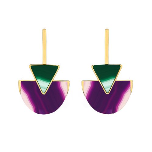 Brinco Line Triangle - Ágata Roxa e Verde - Coleção Geometric Banho: Folheado a Ouro