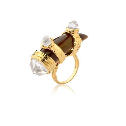 Anel Selvagem - Olho de Tigre e Cristal - Coleção Origens Banho: Folheado a Ouro
