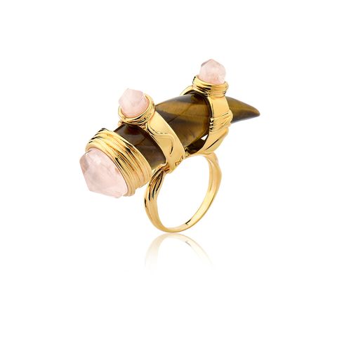 Anel Selvagem - Olho de Tigre e Quartzo Rosa - Coleção Origens Banho: Folheado a Ouro