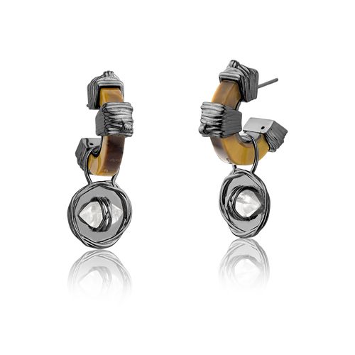 Brinco Argola Medalha - Olho de Tigre e Cristal - Coleção Origens Banho: Ródio Negro