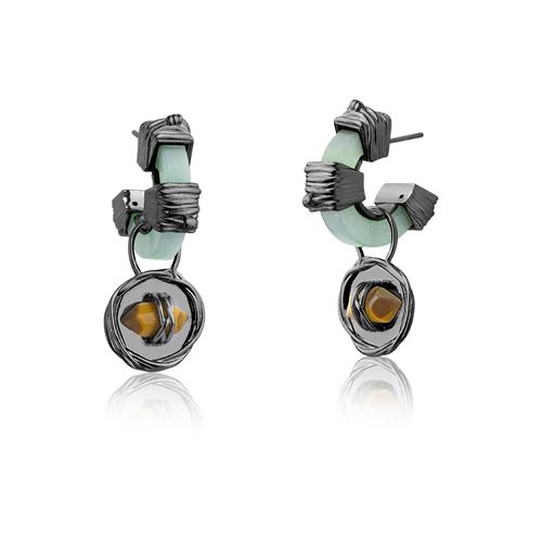 Brinco Argola Medalha - Olho de Tigre e Quartzo Verde - Coleção Origens Banho: Ródio Negro