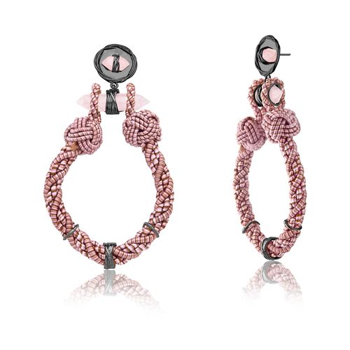Brinco Etnico - Quartzo Rosa - Coleção Origens Banho: Ródio Negro