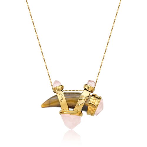 Colar Selvagem - Olho Tigre e Quartzo Rosa - Coleção Origens Banho: Folheado a Ouro