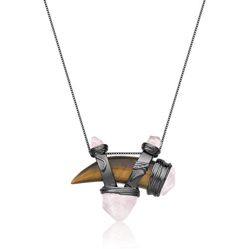 Colar Selvagem - Olho Tigre e Quartzo Rosa - Coleção Origens Banho: Ródio Negro