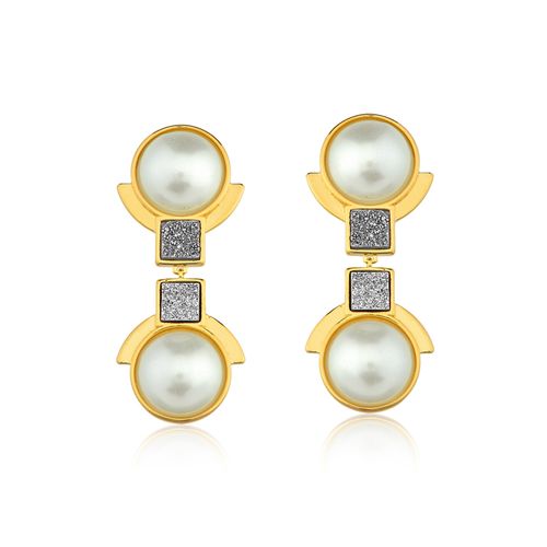 Brinco Blanc Classic - Pérola e Drusa Metalizada - Coleção Blanc Banho: Folheado a Ouro
