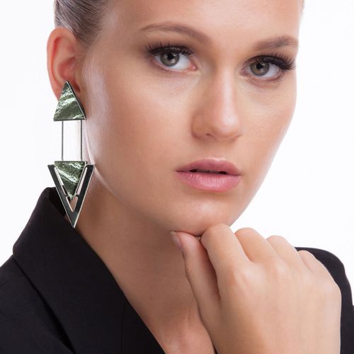 Brinco Two Pieces - Olho de Tigre Verde - Coleção Geometric Banho: Ródio Negro