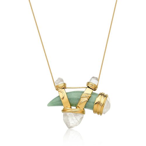 Colar Selvagem - Quartzo Verde e Cristal - Coleção Origens Banho: Folheado a Ouro