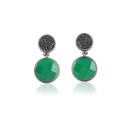 Brinco Essential - Ágata Verde e Drusa Preta – Coleção Lady Banho: Ródio Negro