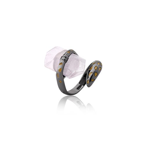 Anel Fauna - Quartzo Rosa - Coleção Origens Banho: Ródio Negro