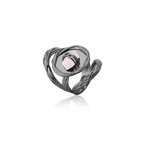 Anel Medalha - Quartzo Rosa - Coleção Origens Banho: Ródio Negro