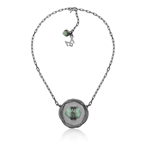 Colar Medalha - Quartzo Verde - Coleção Origens Banho: Ródio Negro