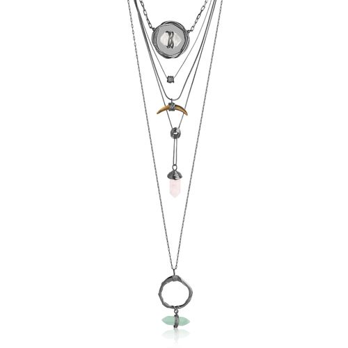 Colar Paraíso - Olho de Tigre, Cristal, Quartzo Rosa e Verde - Coleção Origens Banho: Ródio Negro