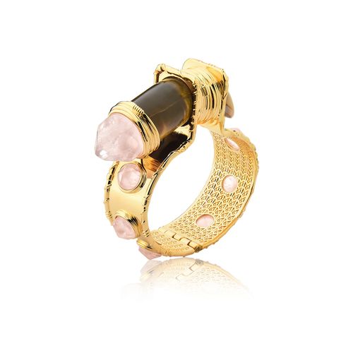 Pulseira Selvagem - Olho Tigre e Quartzo Rosa - Coleção Origens Banho: Folheado a Ouro