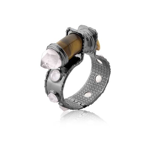 Pulseira Selvagem - Olho Tigre e Quartzo Rosa - Coleção Origens Banho: Ródio Negro