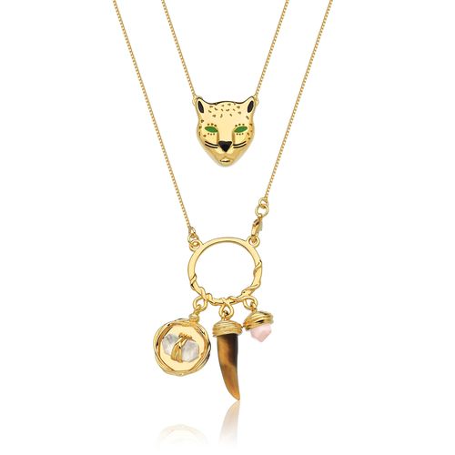 Colar Escapulário Fauna - Olho de Tigre, Cristal e Quartzo Rosa - Coleção Origens Banho: Folheado a Ouro