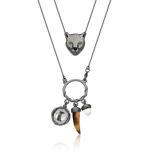 Colar Escapulário Fauna - Olho de Tigre, Cristal e Quartzo Rosa - Coleção Origens Banho: Ródio Negro