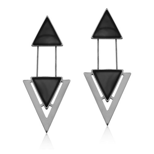Brinco Two Pieces - Obsidiana Preta - Coleção Geometric Banho: Ródio Negro
