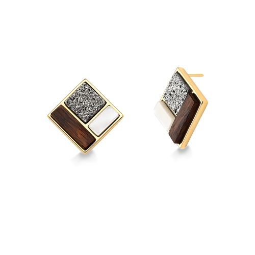 Brinco Legno Block - Madrepérola, Madeira e Drusa Metalizada - Coleção Legno Banho: Folheado a Ouro