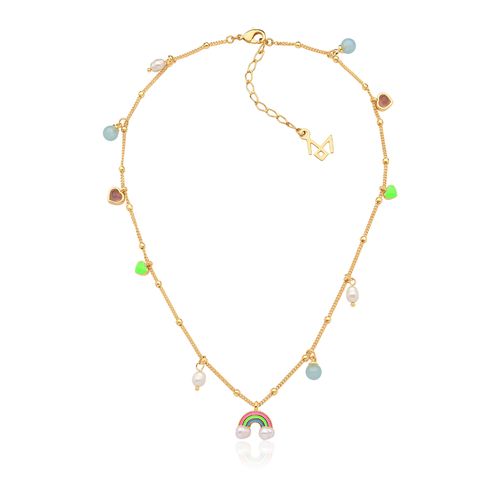 Colar Alegria - Ágata Azul, Ametista e Pérola - Coleção Lolinha Good Vibes Banho: Folheado a Ouro