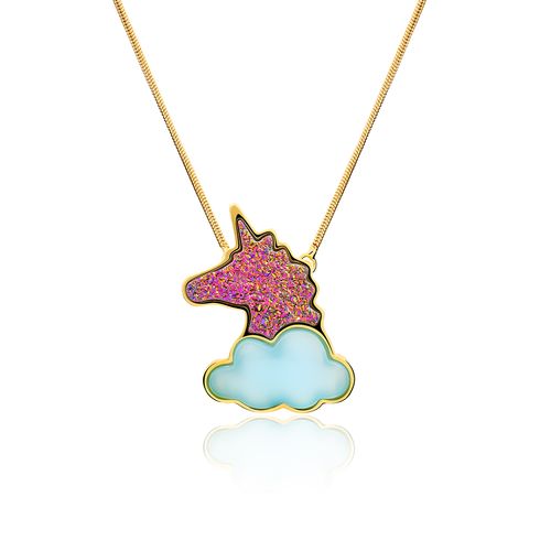 Colar Unicorn - Ágata Azul e Drusa Multicolorida - Coleção Lolinha Dream Banho: Folheado a Ouro