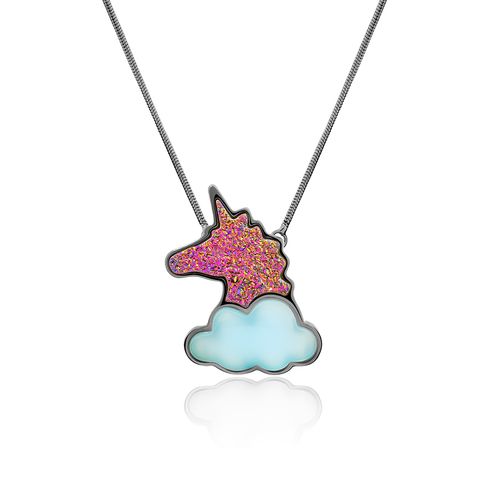Colar Unicorn - Ágata Azul e Drusa Multicolorida - Coleção Lolinha Dream Banho: Ródio Negro