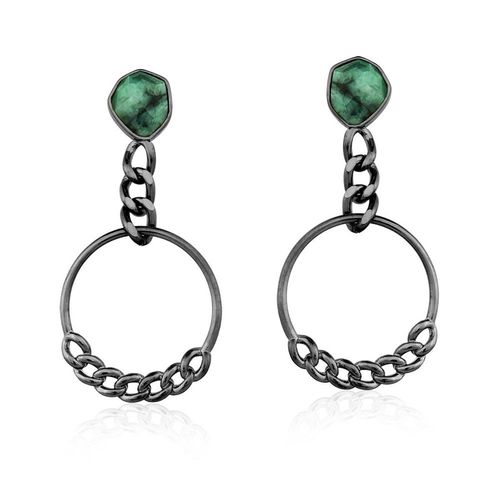 Brinco Grunge - Esmeralda - Coleção Urban Banho: Ródio Negro