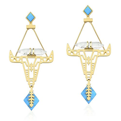 Brinco Bull - Cristal e Turquesa - Coleção Boho Tropical Banho: Folheado a Ouro