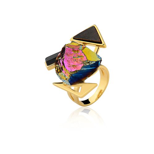 Anel U Rock Bold - Cristal Multicolorido, Madeira e Ônix - Coleção U Rock Banho: Folheado a Ouro