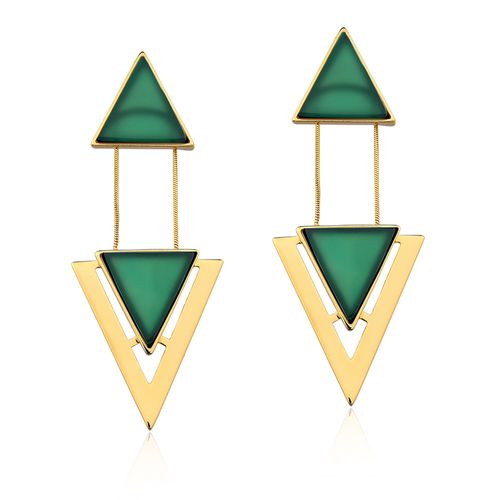 Brinco Two Pieces - Ágata Verde - Coleção Geometric Banho: Folheado a Ouro