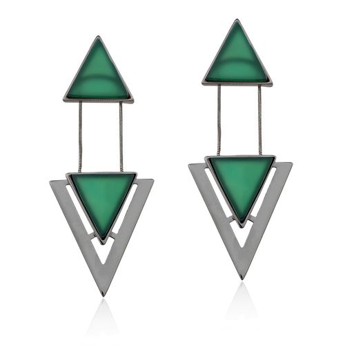 Brinco Two Pieces - Ágata Verde - Coleção Geometric Banho: Ródio Negro