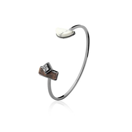 Pulseira Legno Cute - Haulita, Drusa Metalizada e Madeira - Coleção Legno Banho: Ródio Negro