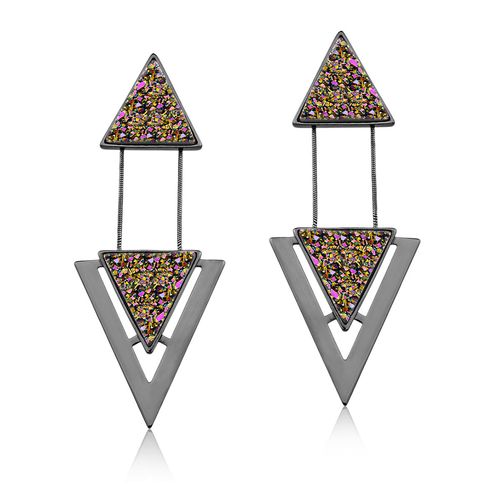 Brinco Two Pieces - Drusa Multicolorida - Coleção Geometric Banho: Ródio Negro