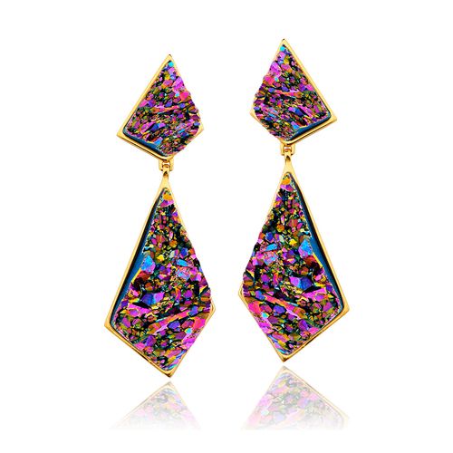 Brinco Pieces - Drusa Multicolorida – Coleção Geometric Banho: Folheado a Ouro