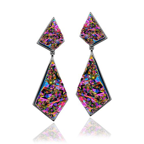 Brinco Pieces - Drusa Multicolorida – Coleção Geometric Banho: Ródio Negro
