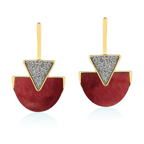 Brinco Line Triangle - Feldspato Vermelho e Drusa Metalizada - Coleção Geometric Banho: Folheado a Ouro