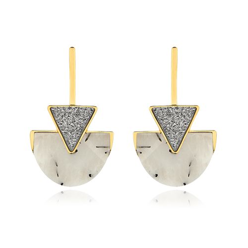 Brinco Line Triangle - Cristal Grafitado e Drusa Metalizada - Coleção Geometric Banho: Folheado a Ouro