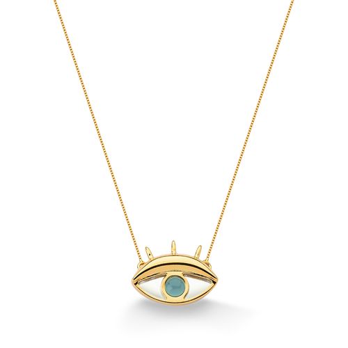 Colar Olhar - Ágata Azul e Espelho - Coleção Reflexo Banho: Folheado a Ouro