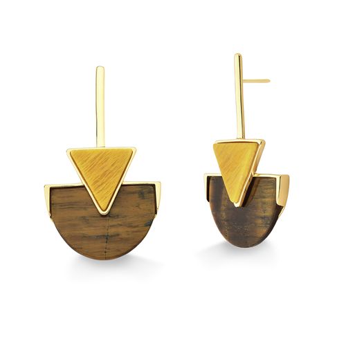 Brinco Line Triangle - Amazonita Amarela e Olho de Tigre - Coleção Geometric Banho: Folheado a Ouro
