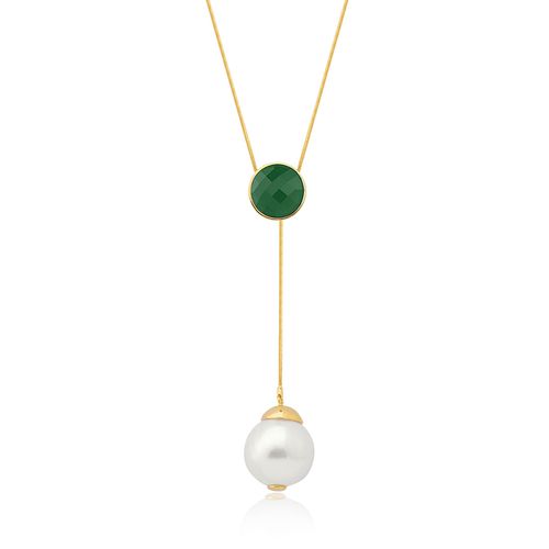 Colar Blanc Donna - Ágata Verde e Pérola - Coleção Blanc Banho: Folheado a Ouro