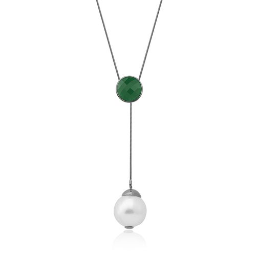 Colar Blanc Donna - Ágata Verde e Pérola - Coleção Blanc Banho: Ródio Negro