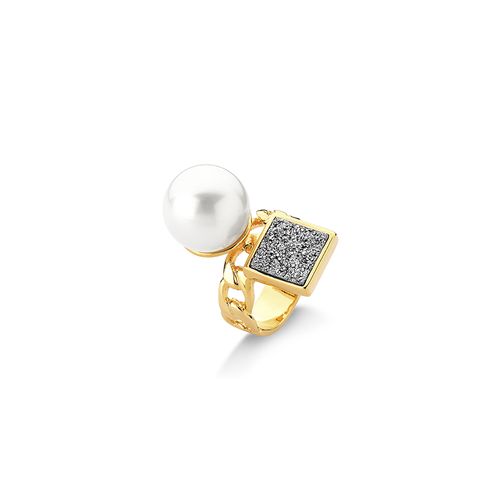 Anel Blanc Chain - Pérola e Drusa Metalizada - Coleção Blanc Banho: Folheado a Ouro