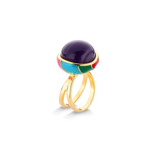 Anel Sublime - Ágata Roxa Listrada e Esmalte Turquesa, Verde, Vermelho e Pink - Coleção Sublime Banho: Folheado a Ouro