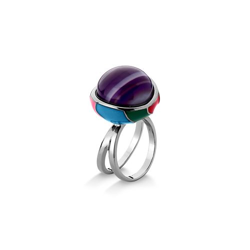 Anel Sublime - Ágata Roxa Listrada e Esmalte Turquesa, Verde, Vermelho e Pink - Coleção Sublime Banho: Ródio Negro