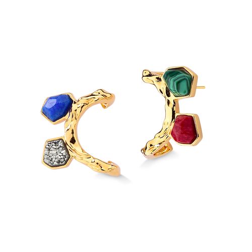 Brinco Clítia - Drusa Metalizada, Feldspato Vermelho, Malaquita e Quartzo Azul Anil - Coleção Ser Girassol Banho: Folheado a Ouro