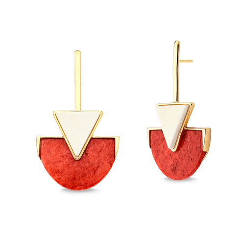 Brinco Line Triangle - Feldspato Laranja e Feldspato Bege - Coleção Geometric Banho: Folheado a Ouro