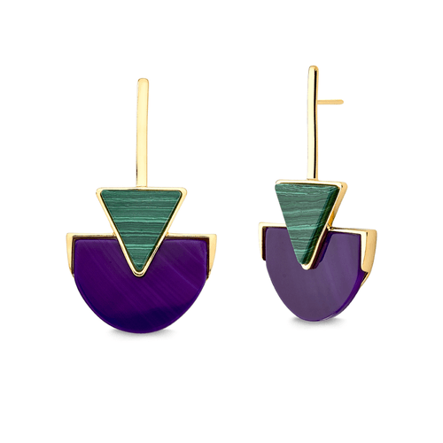 Brinco Line Triangle - Ágata Roxa e Malaquita - Coleção Geometric Banho: Folheado a Ouro
