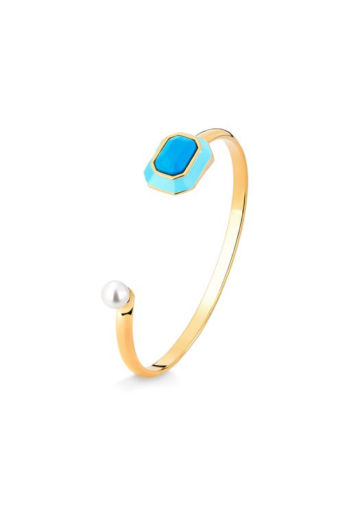 Pulseira Nouveau - Esmalte Azul Bebê, Haulita Turquesa e Pérola - Coleção Inéditos Janeiro Banho: Folheado a Ouro