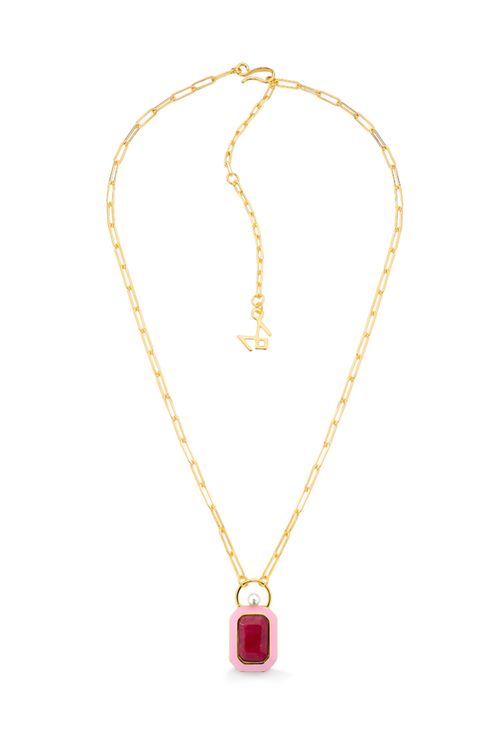 Colar Oldie - Esmalte Rosa, Feldspato Vermelho e Pérola - Coleção Inéditos Janeiro Banho: Folheado a Ouro