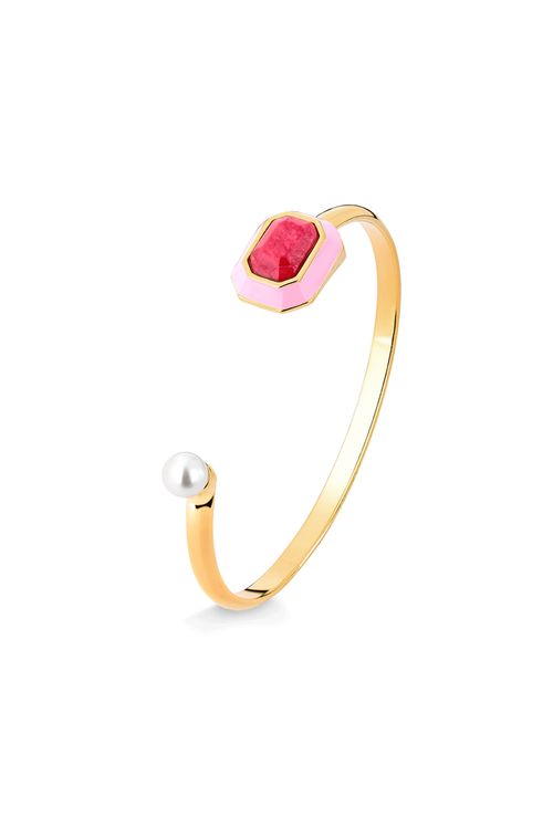 Pulseira Nouveau - Esmalte Rosa, Feldspato Vermelho e Pérola - Coleção Inéditos Janeiro Banho: Folheado a Ouro